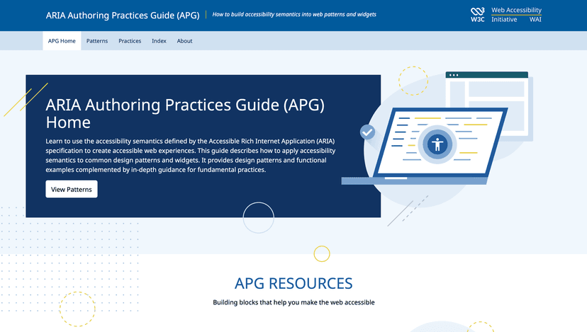 ARIA Authoring Practices Guide (APG), W3C patterns and practices for accessible web content